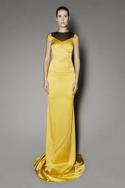 EGLANTINE LONG DRESS IN YELLOW SATIN SHINE AND BLACK GAZAAR