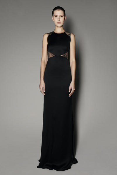 Magnolia Lace Long Dress in Black Satin Shine