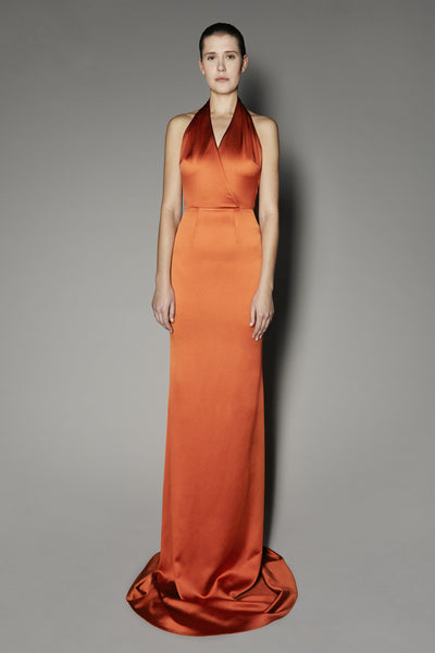 Freesia Long Dress in Rust Satin Shine
