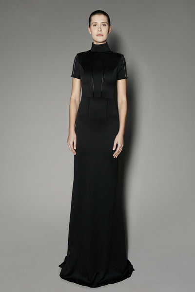 Arbatus Long Dress in Black Satin Shine and Black Patent