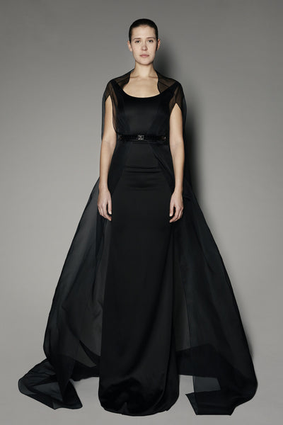 Begonia Long Dress in Black Satin with Laurel Cape