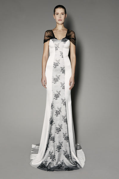 Peony Long Dress in Nimbus Cloud Satin Shine and French Lace