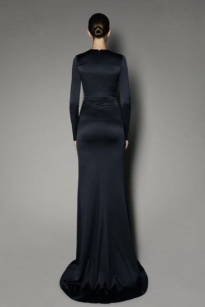 Delphine Long Dress in Anthracite Satin Shine and French Lace