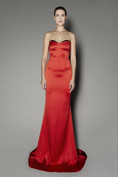 Wisteria Long Dress in Red Satin Shine