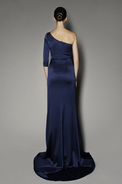 Gladiolus Long Dress in Navy Satin Shine