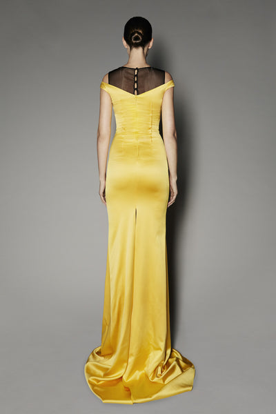EGLANTINE LONG DRESS IN YELLOW SATIN SHINE AND BLACK GAZAAR