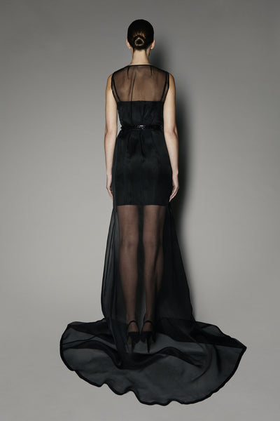 VERITY DRESS IN BLACK SATIN SHINE AND CONTESSA CAPE IN BLACK ORGANZA