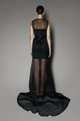 VERITY DRESS IN BLACK SATIN SHINE AND CONTESSA CAPE IN BLACK ORGANZA
