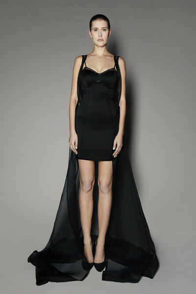 VERITY DRESS IN BLACK SATIN SHINE AND CONTESSA CAPE IN BLACK ORGANZA