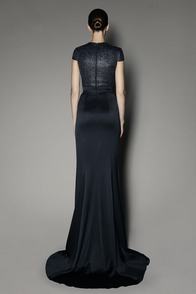 Jasmine Long Dress in Anthracite Satin Shine and Metal coated Lace