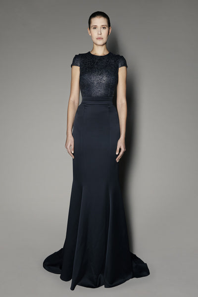 Jasmine Long Dress in Anthracite Satin Shine and Metal coated Lace
