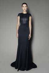 Jasmine Long Dress in Anthracite Satin Shine and Metal coated Lace