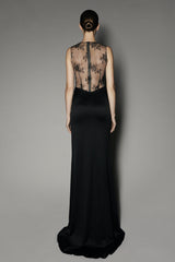 Magnolia Lace Long Dress in Black Satin Shine