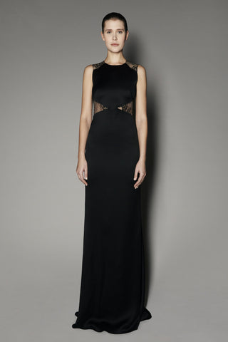 Magnolia Lace Long Dress in Black Satin Shine