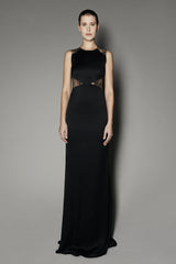 Magnolia Lace Long Dress in Black Satin Shine