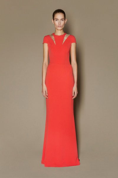 PETUNIA LONG DRESS IN CORAL MATT STRETCH WITH NUDE GAZAR