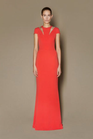 PETUNIA LONG DRESS IN CORAL MATT STRETCH WITH NUDE GAZAR