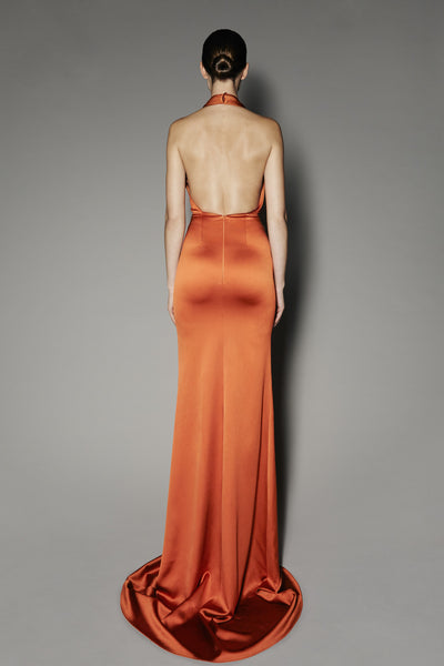 Freesia Long Dress in Rust Satin Shine