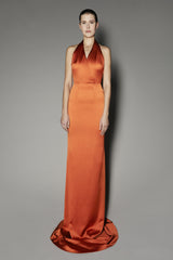 Freesia Long Dress in Rust Satin Shine