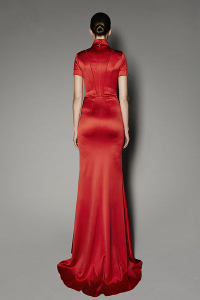 Arbatus Long Dress in Red Satin Shine