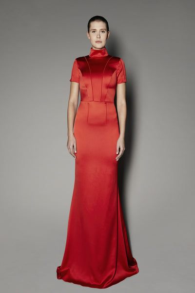Arbatus Long Dress in Red Satin Shine