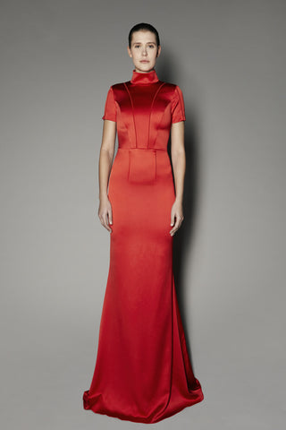 Arbatus Long Dress in Red Satin Shine