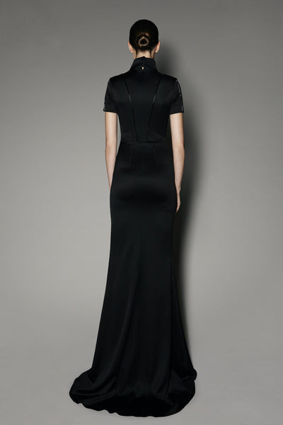 Arbatus Long Dress in Black Satin Shine and Black Patent