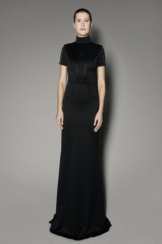 Arbatus Long Dress in Black Satin Shine and Black Patent