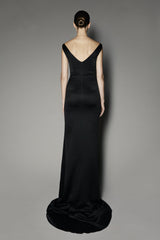 Begonia Long Dress in Black Satin Stretch