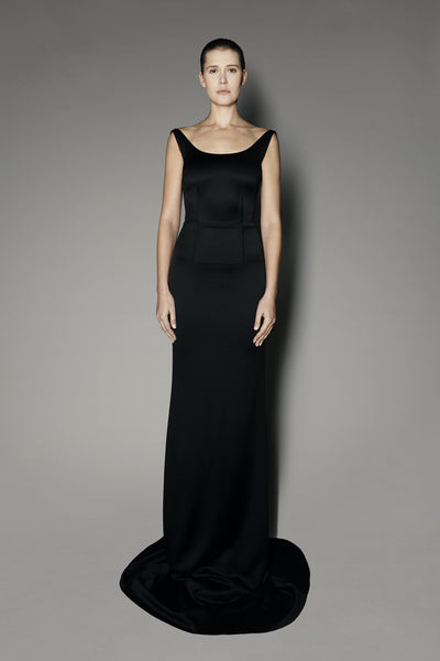 Begonia Long Dress in Black Satin Stretch