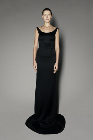 Begonia Long Dress in Black Satin Stretch