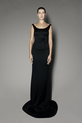 Begonia Long Dress in Black Satin Stretch