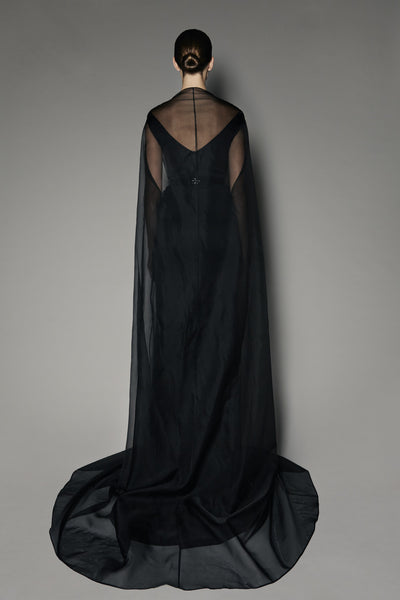Begonia Long Dress in Black Satin with Laurel Cape