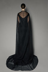 Begonia Long Dress in Black Satin with Laurel Cape