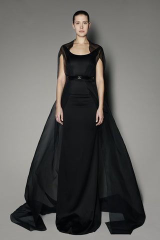 Begonia Long Dress in Black Satin with Laurel Cape
