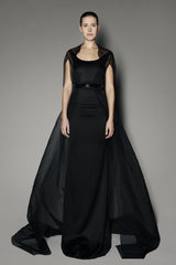 Begonia Long Dress in Black Satin with Laurel Cape