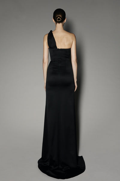 Zinnia Long Dress in Black Satin and Organza Silk