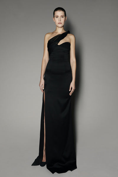 Zinnia Long Dress in Black Satin and Organza Silk