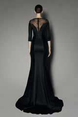 Osmunda Long Dress in Black Satin Stretch with Velvet and French Lace