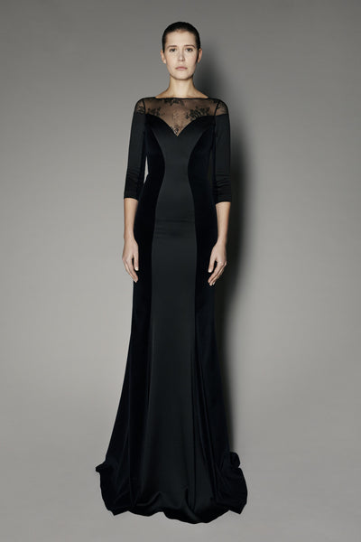 Osmunda Long Dress in Black Satin Stretch with Velvet and French Lace
