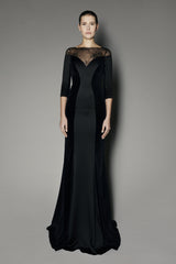 Osmunda Long Dress in Black Satin Stretch with Velvet and French Lace