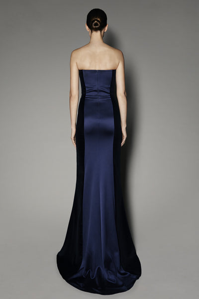 Camelia Long Dress in Navy Satin Shine and Velvet