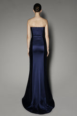 Camelia Long Dress in Navy Satin Shine and Velvet