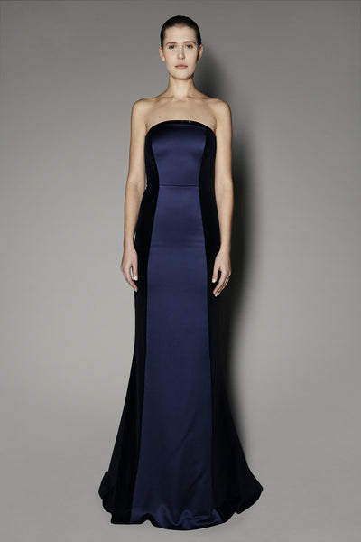 Camelia Long Dress in Navy Satin Shine and Velvet