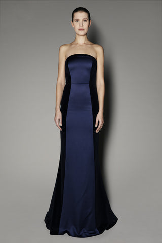 Camelia Long Dress in Navy Satin Shine and Velvet