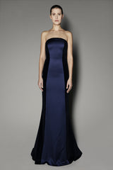 Camelia Long Dress in Navy Satin Shine and Velvet