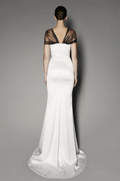 Peony Long Dress in Nimbus Cloud Satin Shine and French Lace