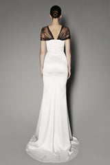 Peony Long Dress in Nimbus Cloud Satin Shine and French Lace