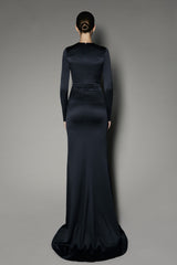 Delphine Long Dress in Anthracite Satin Shine and French Lace