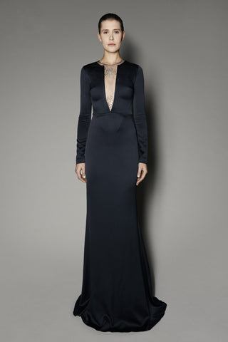 Delphine Long Dress in Anthracite Satin Shine and French Lace